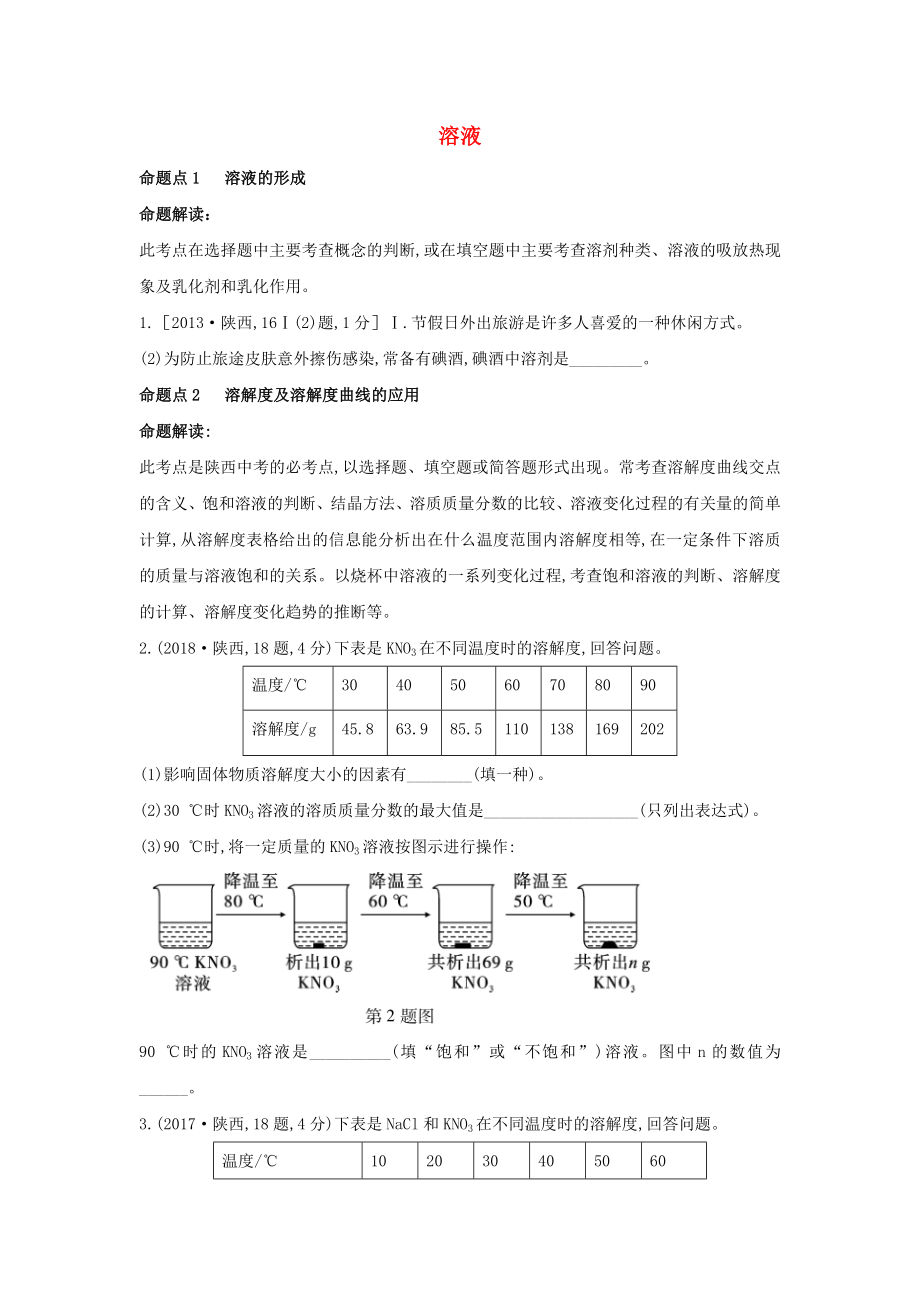 （陜西專用）2019版中考化學(xué)一練通 第一部分 中考考點掃描 模塊一 身邊的化學(xué)物質(zhì) 專題四 溶液試題_第1頁