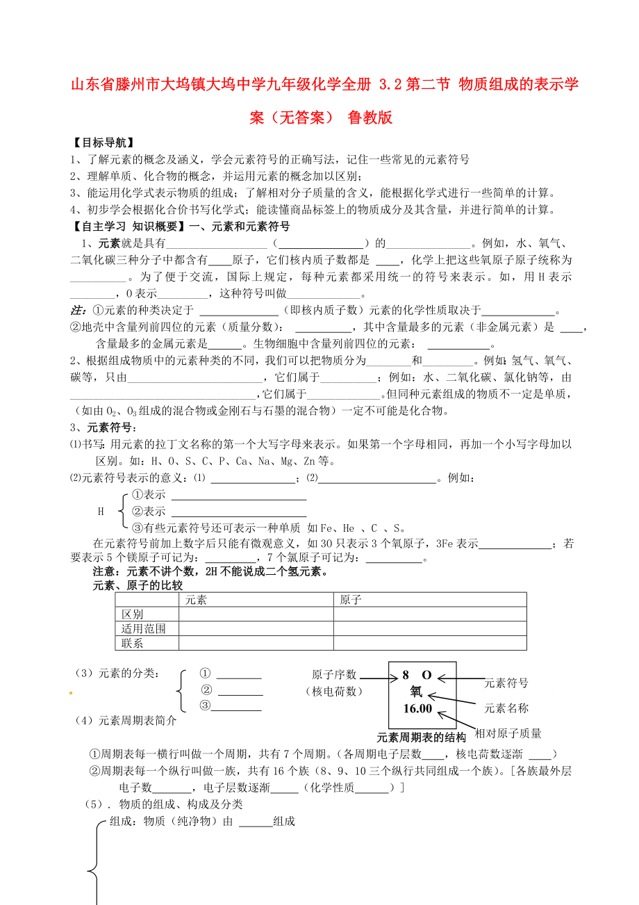 山東省滕州市大塢鎮(zhèn)大塢中學(xué)九年級化學(xué)全冊 3.2第二節(jié) 物質(zhì)組成的表示學(xué)案（無答案） 魯教版_第1頁