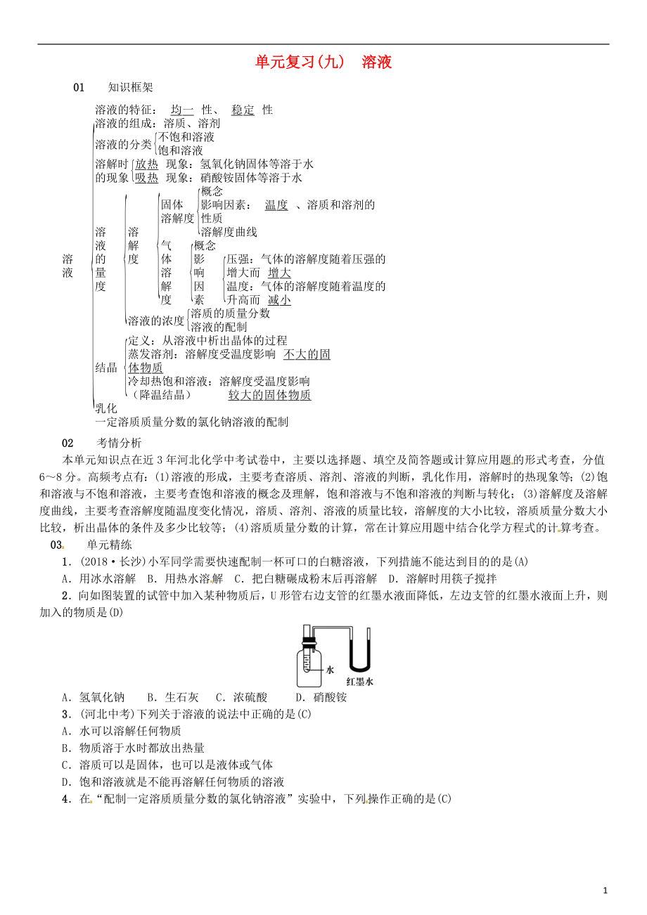 河北省2018年秋九年級化學下冊 第九單元 溶液單元復習（九）習題 （新版）新人教版_第1頁