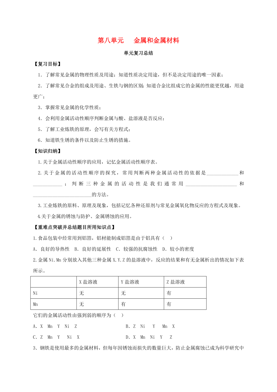 山東省濰坊市安丘市九年級(jí)化學(xué)下冊 第8單元 金屬和金屬材料復(fù)習(xí)總結(jié)導(dǎo)學(xué)案（無答案）（新版）新人教版（通用）_第1頁