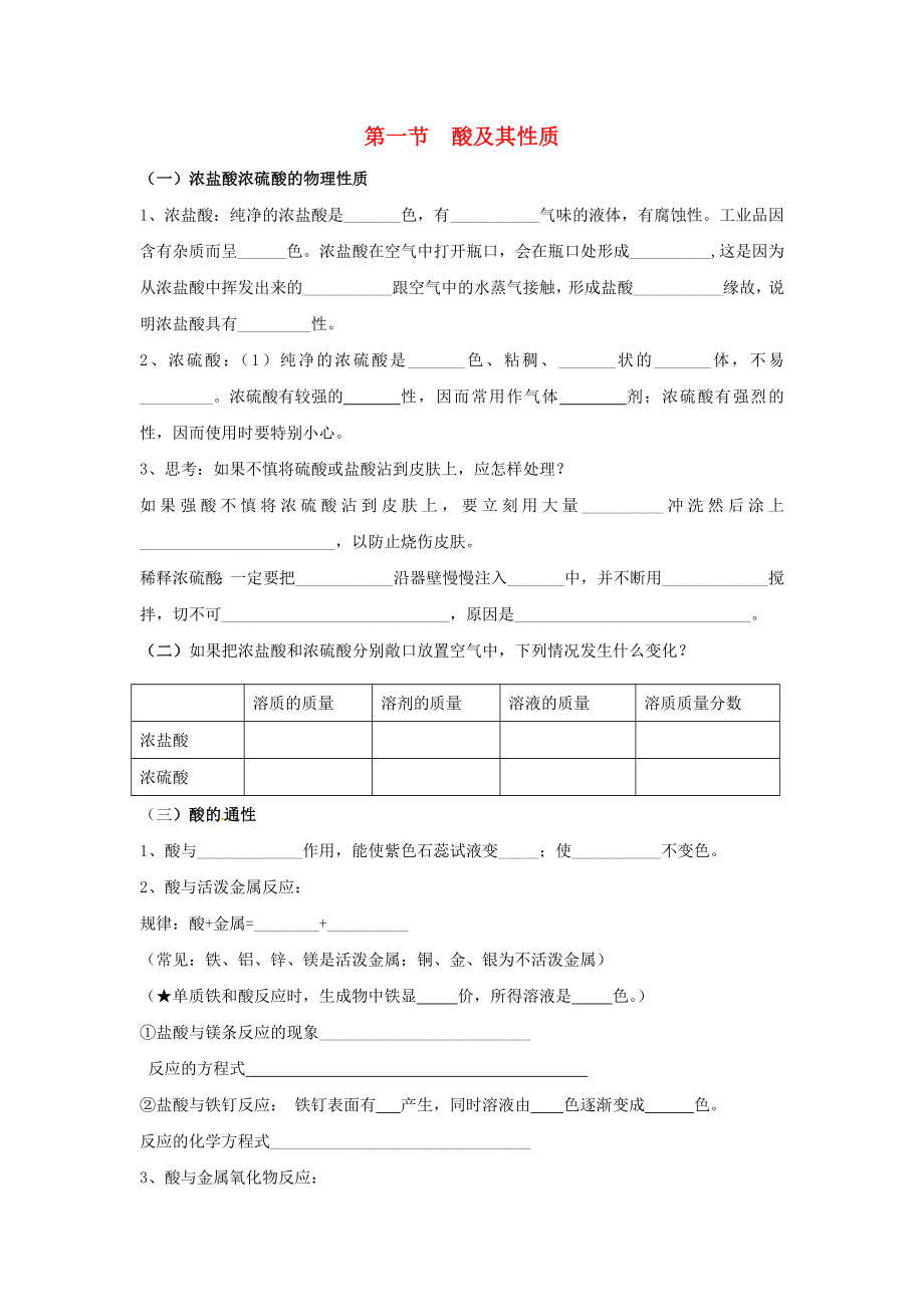 山東省濟寧市任城區(qū)九年級化學全冊 第二單元 常見的酸和堿 第一節(jié) 酸及其性質（2）同步測試（無答案） 魯教版五四制（通用）_第1頁