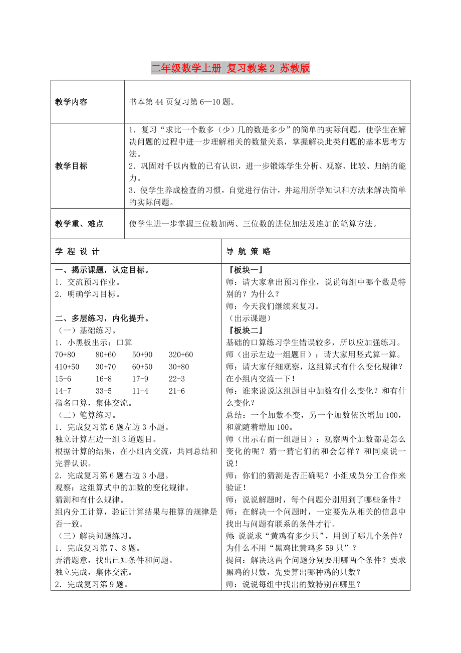 二年級(jí)數(shù)學(xué)上冊(cè) 復(fù)習(xí)教案2 蘇教版_第1頁