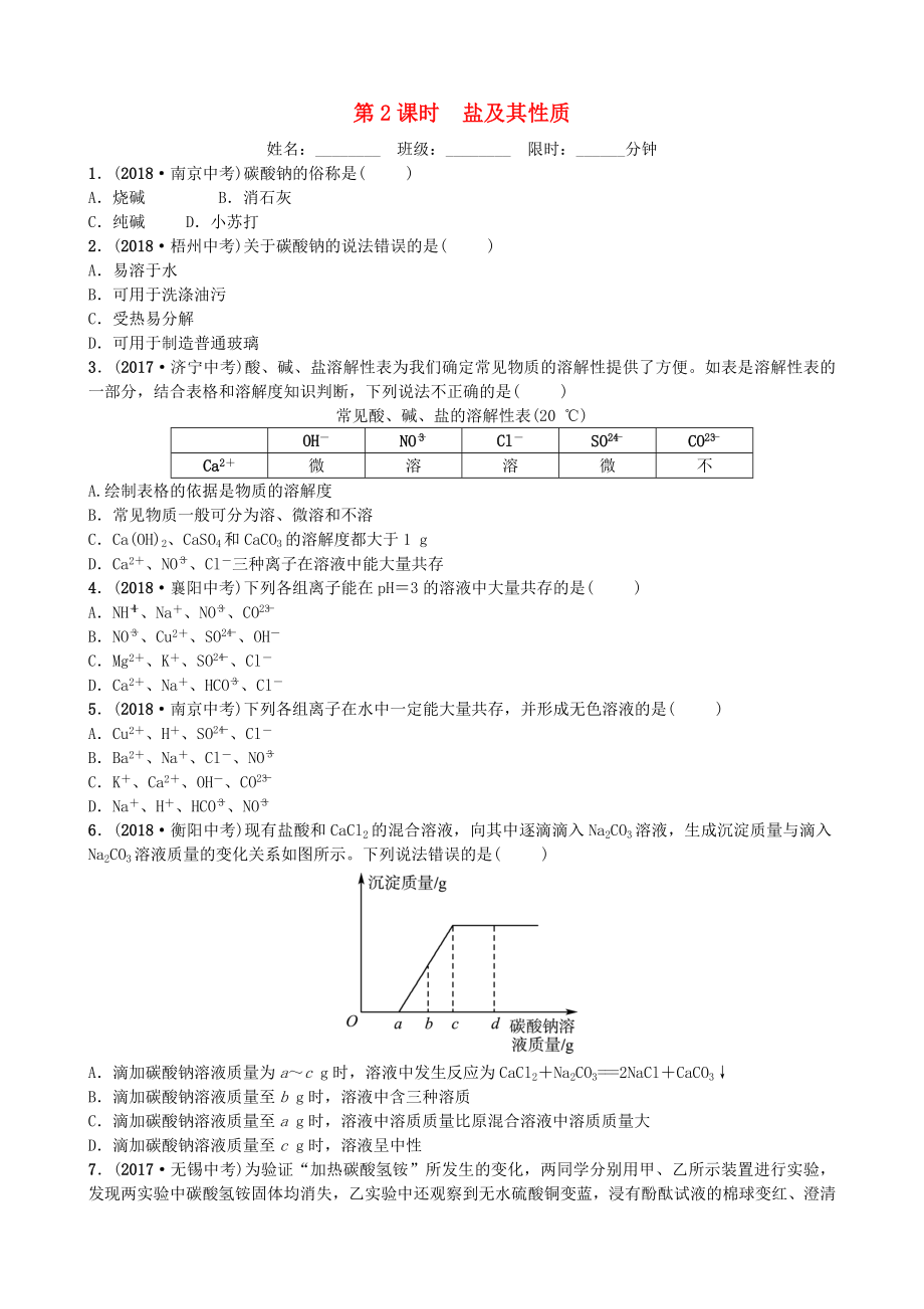 山東省濱州市2019年中考化學(xué)一輪復(fù)習(xí) 第八單元 海水中的化學(xué) 第2課時(shí) 鹽及其性質(zhì)練習(xí)_第1頁