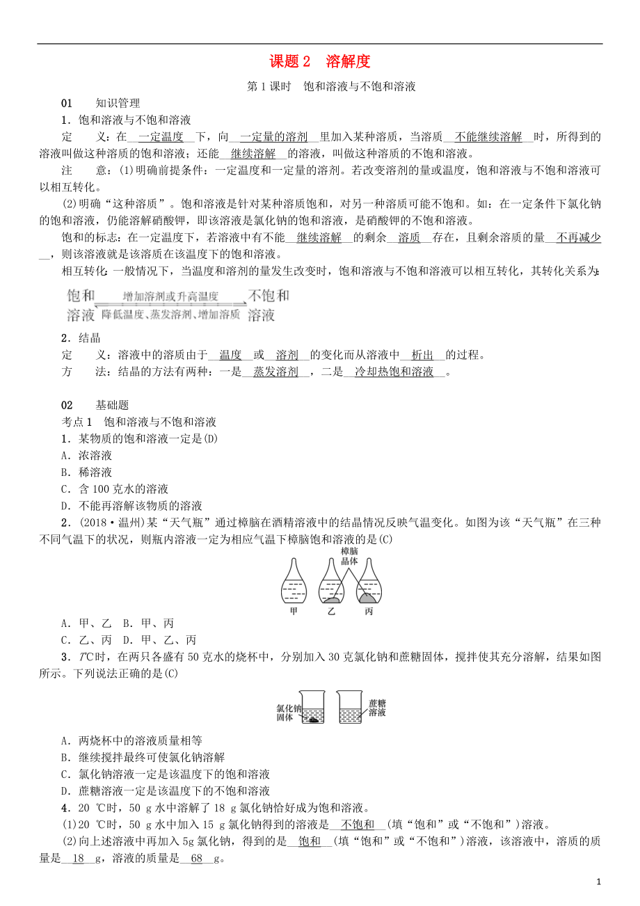 （河南專版）2018年秋九年級化學(xué)下冊 第九單元 溶液 課題2 溶解度習(xí)題 （新版）新人教版_第1頁