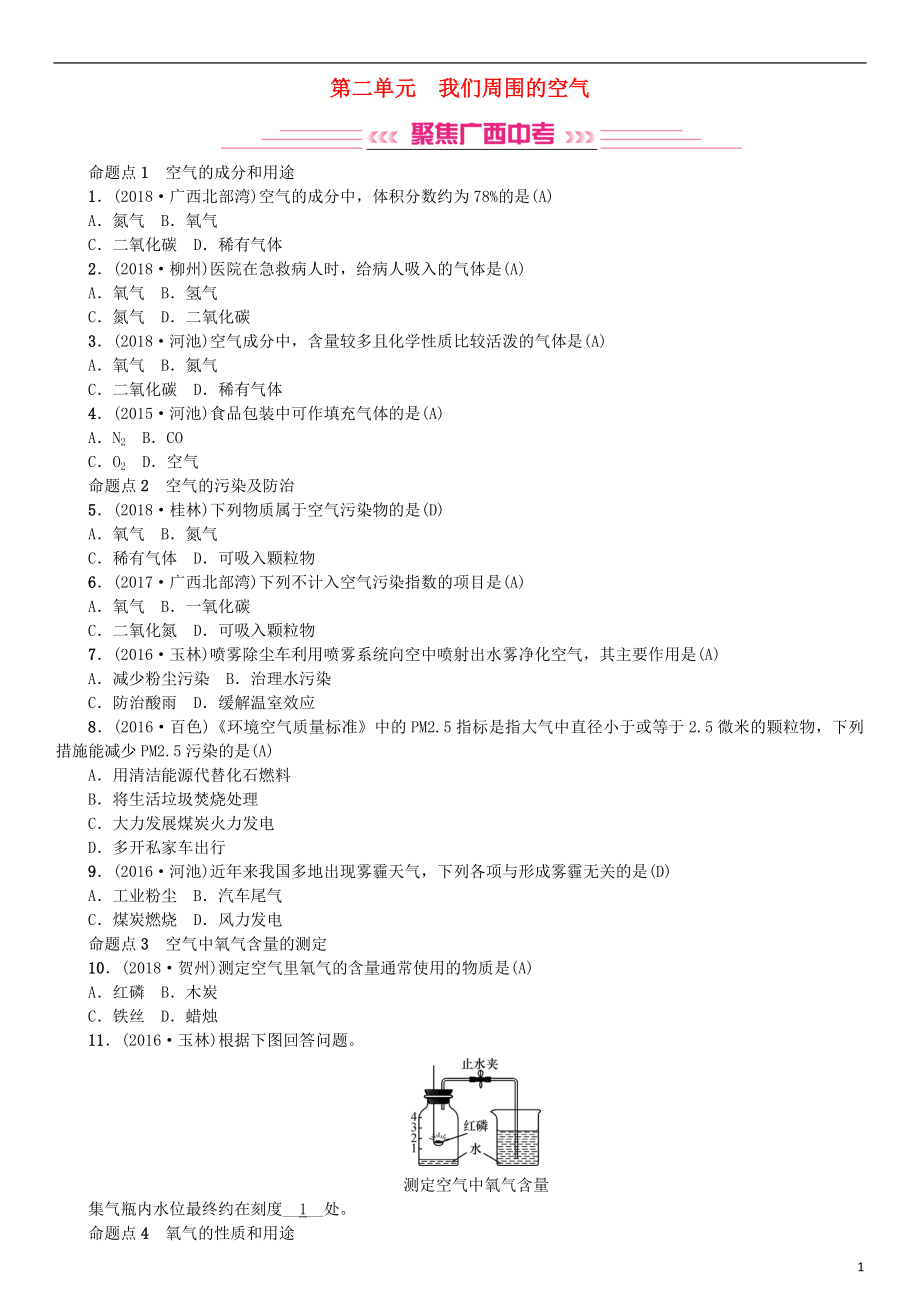 （廣西專版）2019年中考化學(xué)總復(fù)習(xí) 教材考點(diǎn)梳理 第二單元 我們周圍的空氣練習(xí)_第1頁