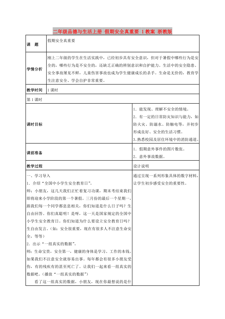 二年級品德與生活上冊 假期安全真重要 1教案 浙教版_第1頁