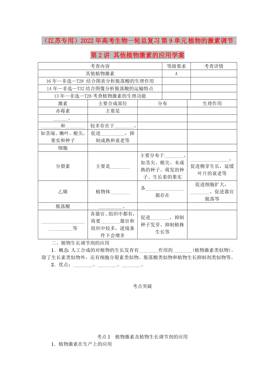 （江蘇專用）2022年高考生物一輪總復習 第9單元 植物的激素調(diào)節(jié) 第2講 其他植物激素的應用學案_第1頁