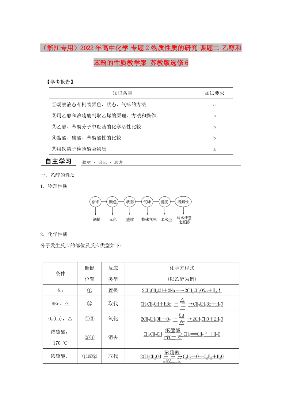 （浙江專用）2022年高中化學 專題2 物質(zhì)性質(zhì)的研究 課題二 乙醇和苯酚的性質(zhì)教學案 蘇教版選修6_第1頁