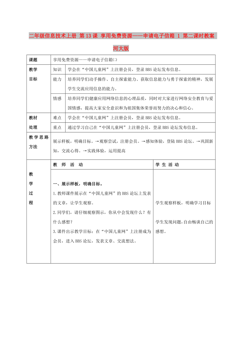 二年級信息技術(shù)上冊 第13課 享用免費資源——申請電子信箱 1 第二課時教案 河大版_第1頁