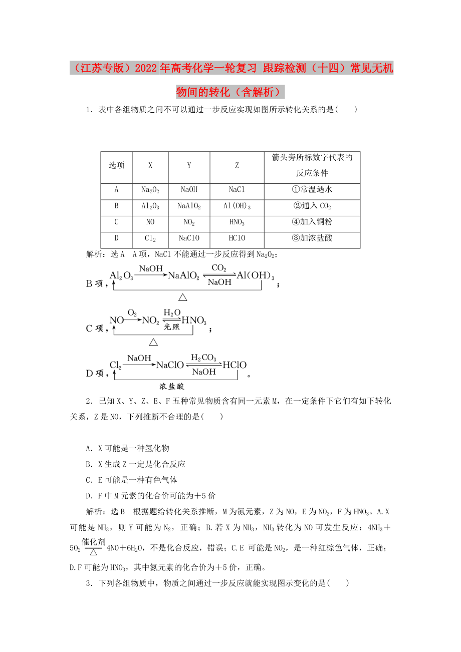 （江蘇專版）2022年高考化學一輪復習 跟蹤檢測（十四）常見無機物間的轉化（含解析）_第1頁