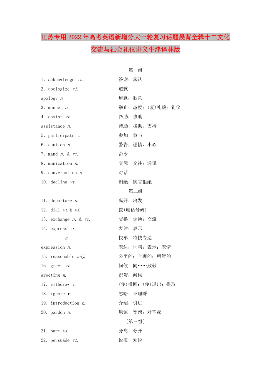 江蘇專用2022年高考英語新增分大一輪復(fù)習(xí)話題晨背全輯十二文化交流與社會禮儀講義牛津譯林版_第1頁