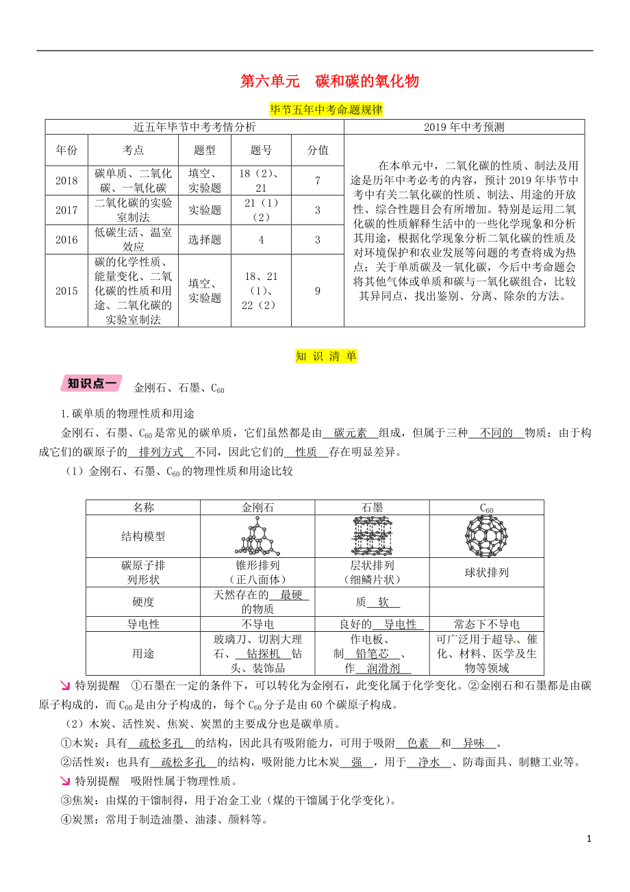 （畢節(jié)地區(qū)）2019年中考化學總復習 第1編 教材知識梳理篇 第6單元 碳和碳的氧化物（精講）練習_第1頁