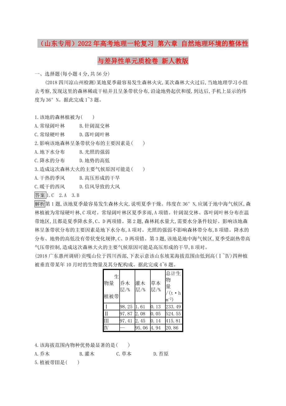 （山東專用）2022年高考地理一輪復(fù)習(xí) 第六章 自然地理環(huán)境的整體性與差異性單元質(zhì)檢卷 新人教版_第1頁