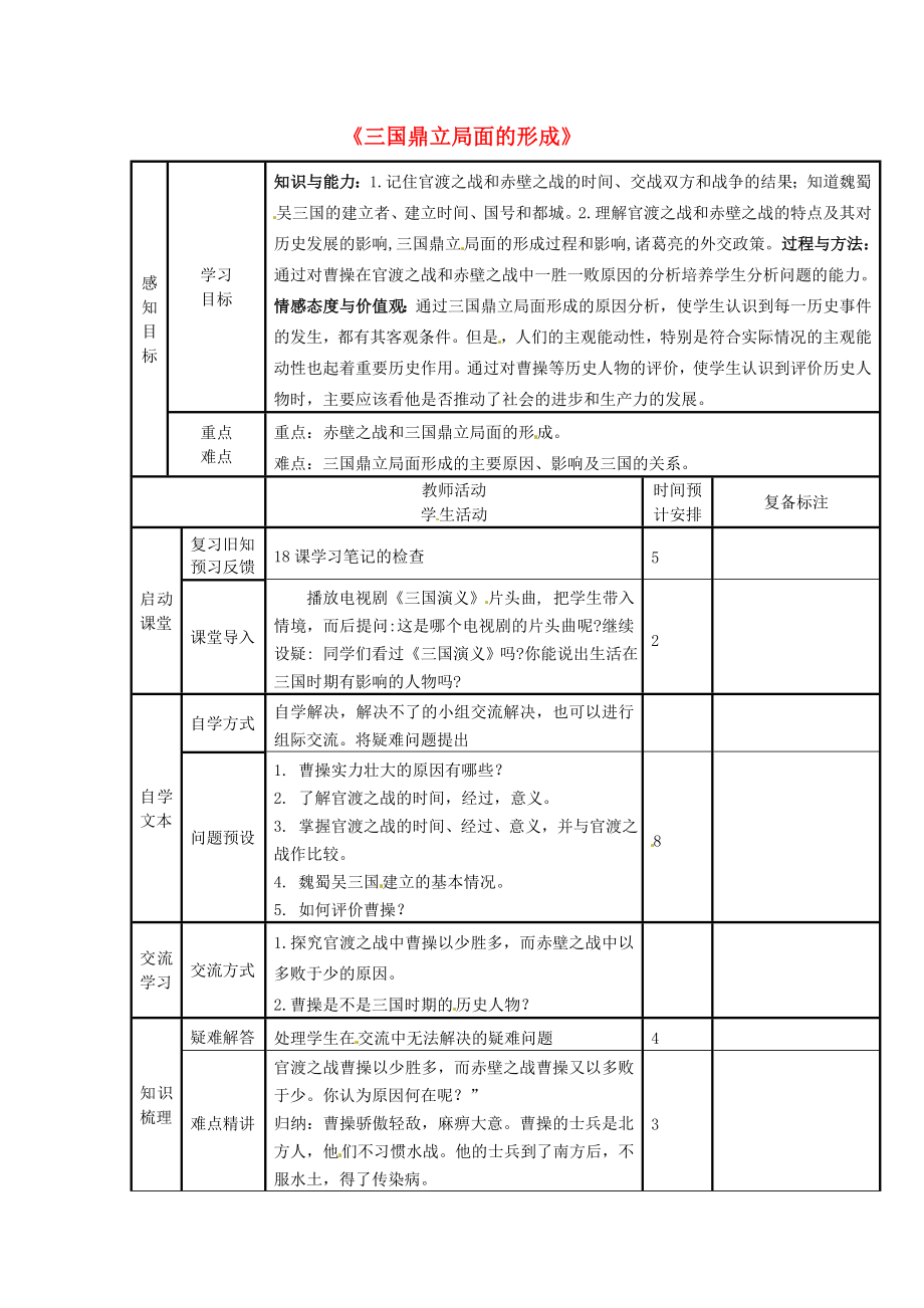 山東省鄒平縣實(shí)驗(yàn)中學(xué)七年級(jí)歷史上冊 第20課《三國鼎立局面的形成》學(xué)案（無答案） 北師大版_第1頁