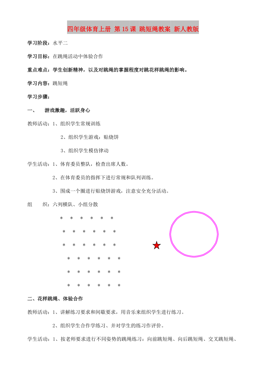 四年級體育上冊 第15課 跳短繩教案 新人教版_第1頁