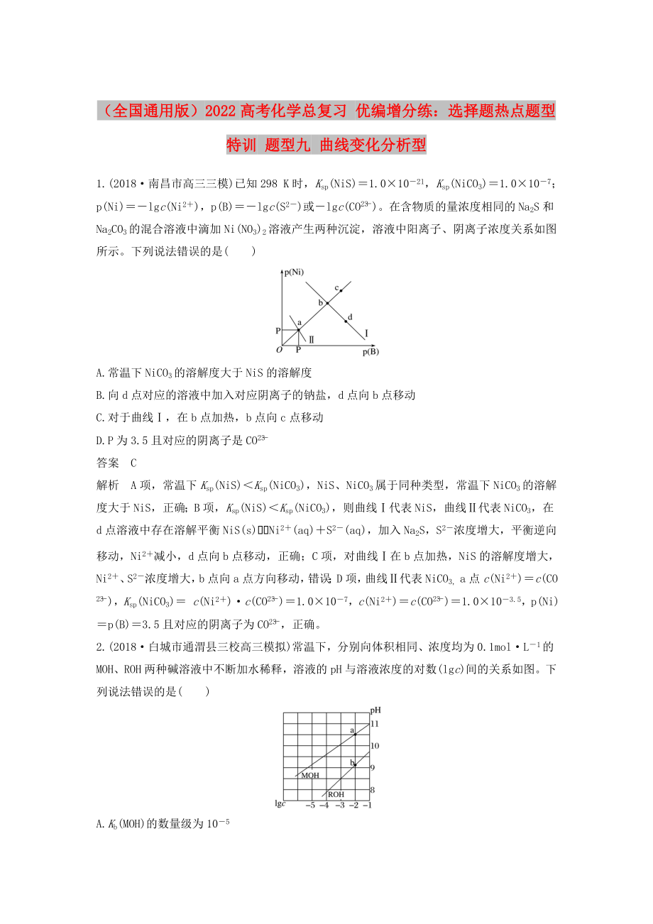 （全國通用版）2022高考化學總復習 優(yōu)編增分練：選擇題熱點題型特訓 題型九 曲線變化分析型_第1頁