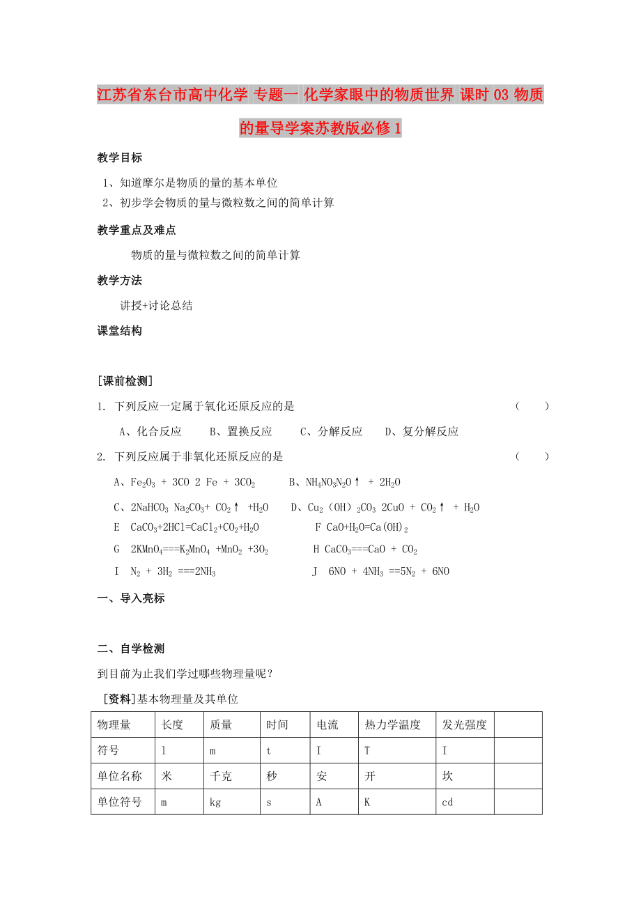 江苏省东台市高中化学 专题一 化学家眼中的物质世界 课时03 物质的量导学案苏教版必修1_第1页