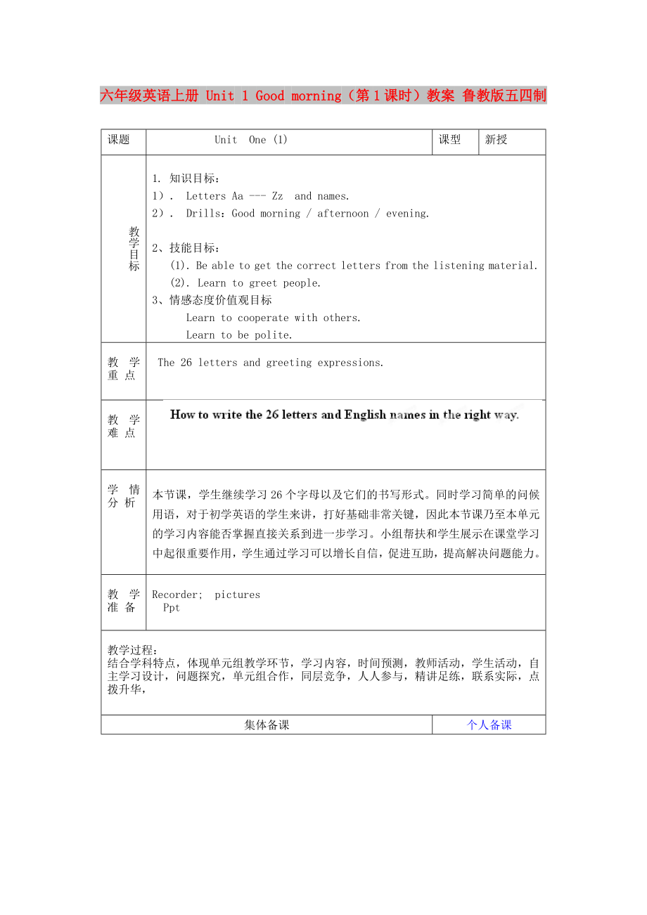 六年級英語上冊 Unit 1 Good morning（第1課時(shí)）教案 魯教版五四制_第1頁