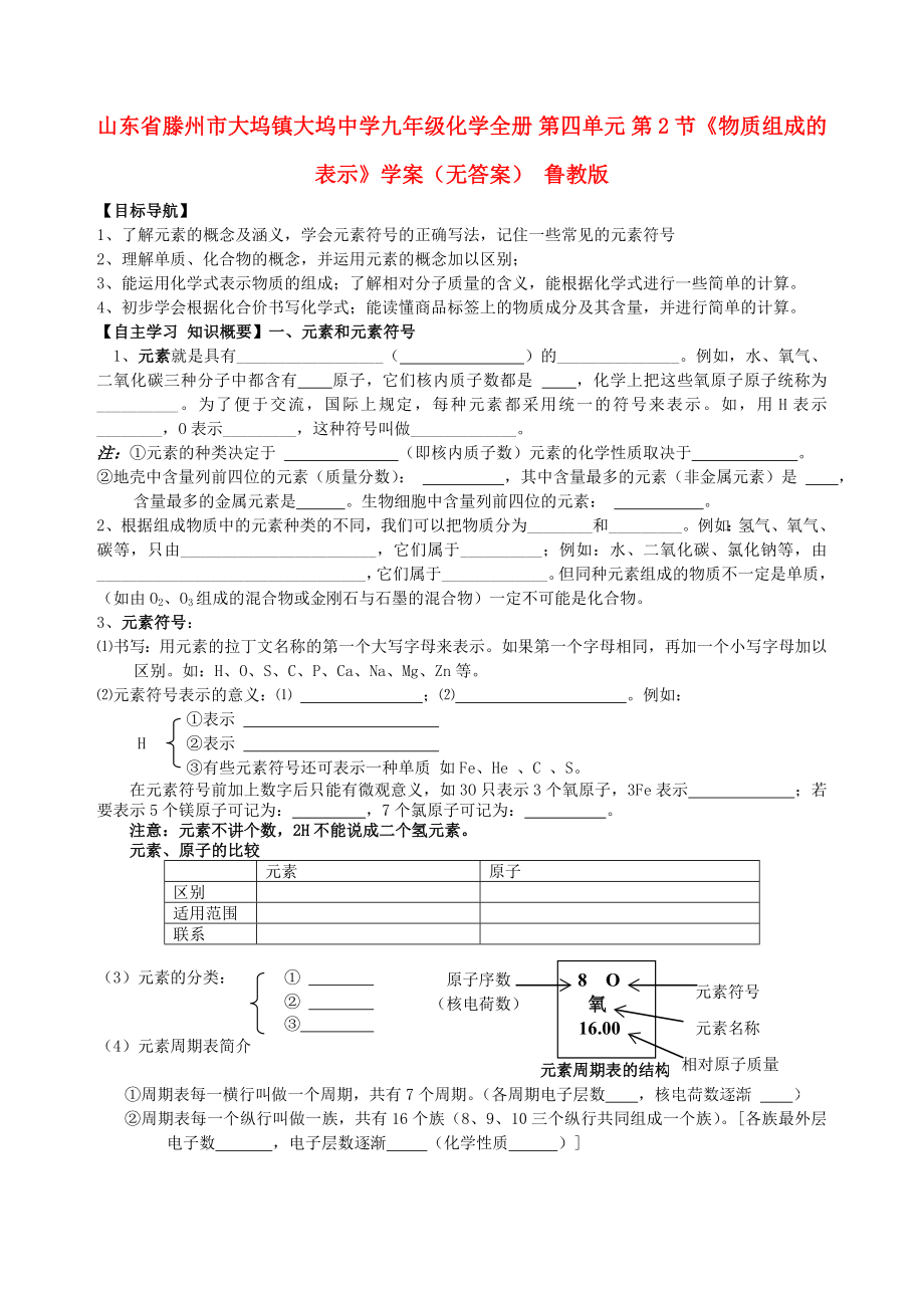 山東省滕州市大塢鎮(zhèn)大塢中學(xué)九年級化學(xué)全冊 第四單元 第2節(jié)《物質(zhì)組成的表示》學(xué)案（無答案） 魯教版_第1頁