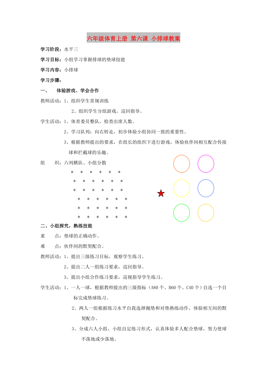 六年級(jí)體育上冊(cè) 第六課 小排球教案_第1頁(yè)