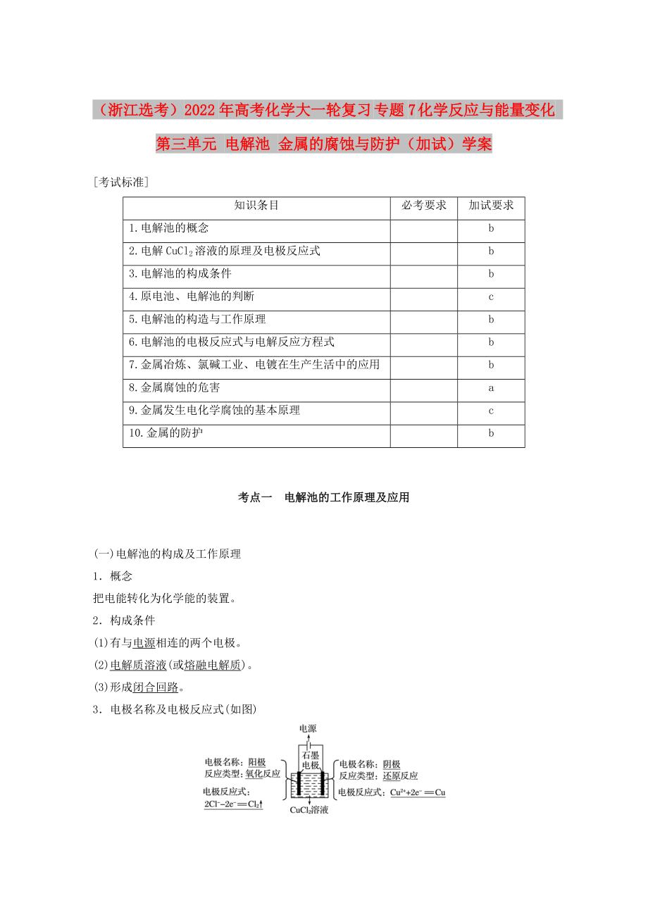 （浙江選考）2022年高考化學(xué)大一輪復(fù)習(xí) 專題7 化學(xué)反應(yīng)與能量變化 第三單元 電解池 金屬的腐蝕與防護(hù)（加試）學(xué)案_第1頁(yè)