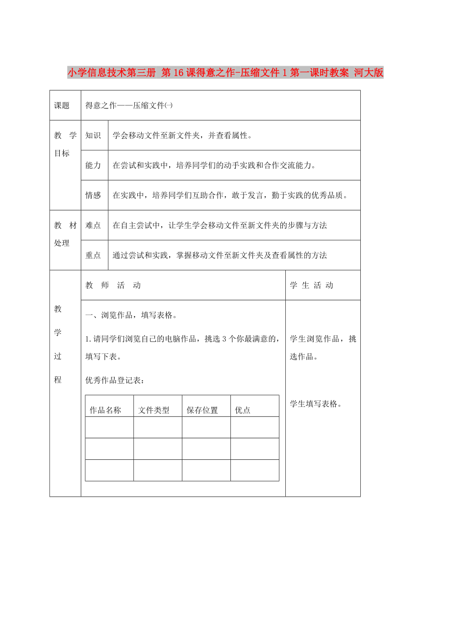 小學(xué)信息技術(shù)第三冊(cè) 第16課得意之作-壓縮文件1第一課時(shí)教案 河大版_第1頁(yè)