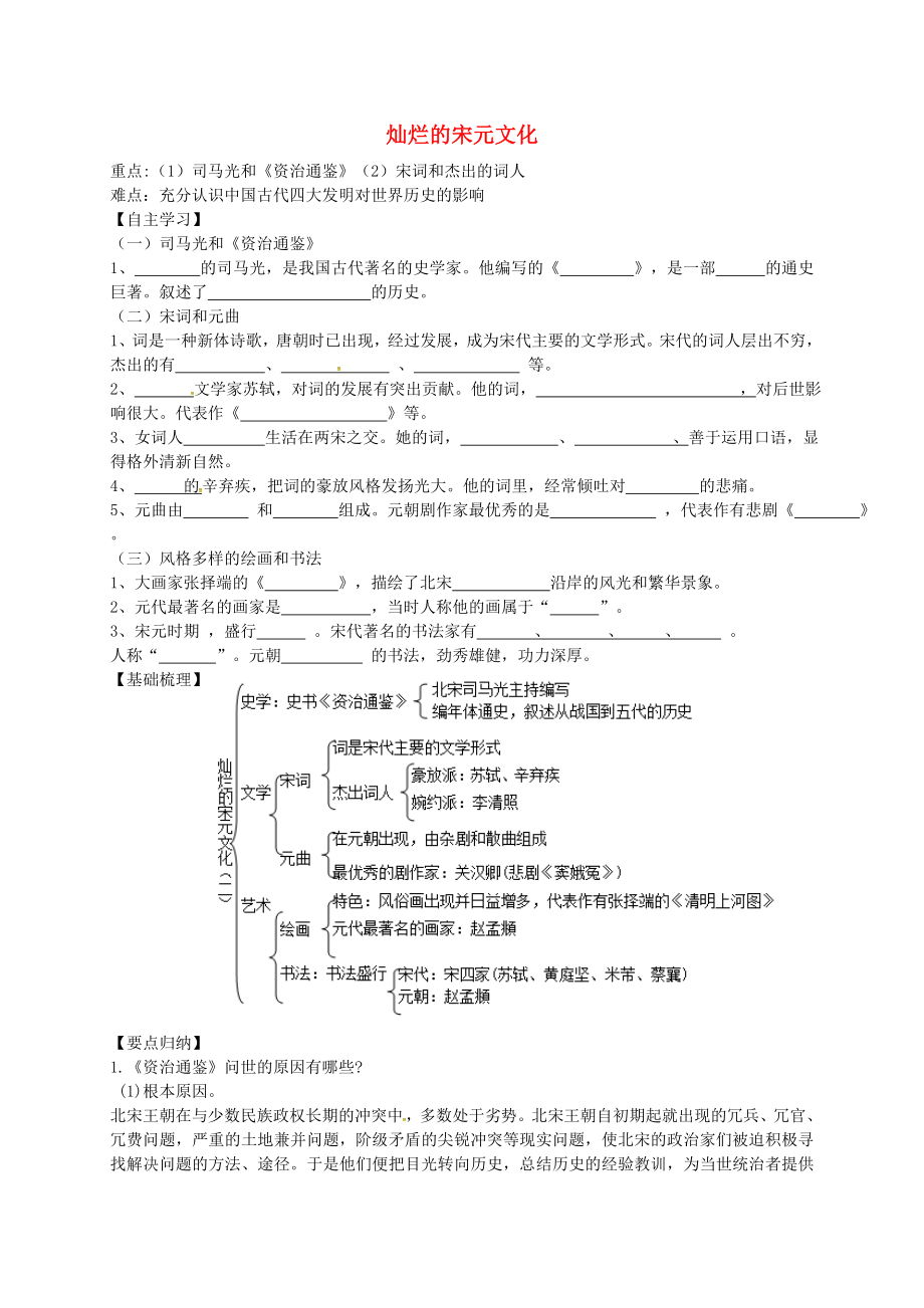 廣東省化州市第一初級中學(xué)七年級歷史下冊 第二單元 第14課 燦爛的宋元文化（二）學(xué)案（無答案） 新人教版_第1頁