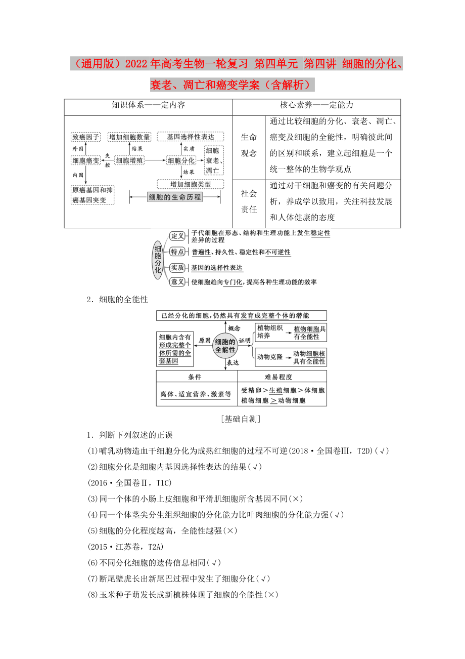 （通用版）2022年高考生物一輪復(fù)習(xí) 第四單元 第四講 細(xì)胞的分化、衰老、凋亡和癌變學(xué)案（含解析）_第1頁(yè)