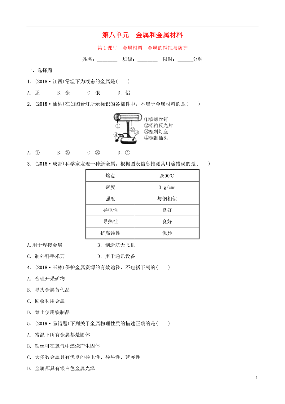 云南省2018年中考化學(xué)總復(fù)習(xí) 第八單元 金屬和金屬材料 第1課時(shí) 金屬材料 金屬的銹蝕與防護(hù)訓(xùn)練_第1頁(yè)