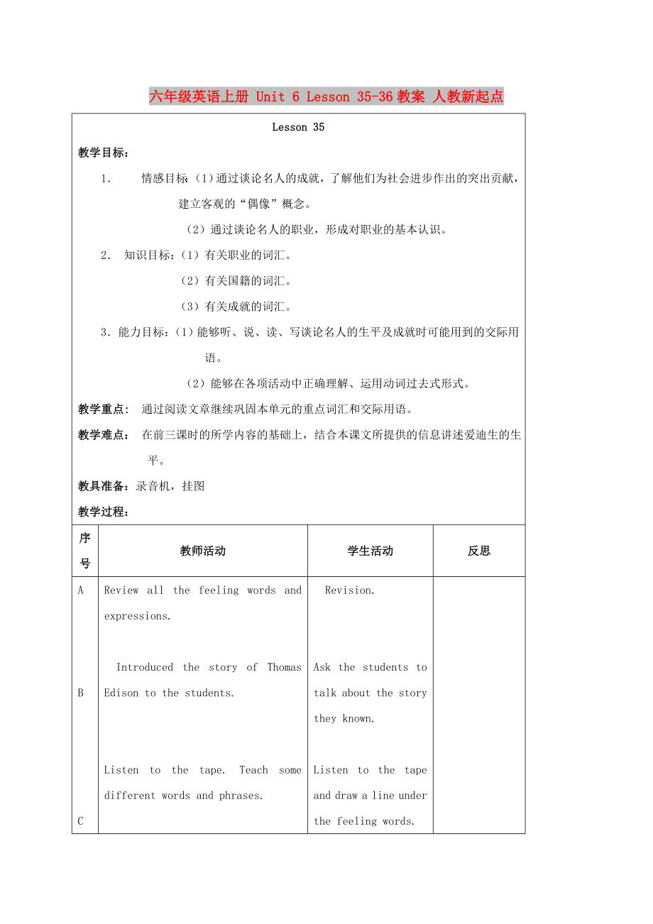 六年級英語上冊 Unit 6 Lesson 35-36教案 人教新起點_第1頁