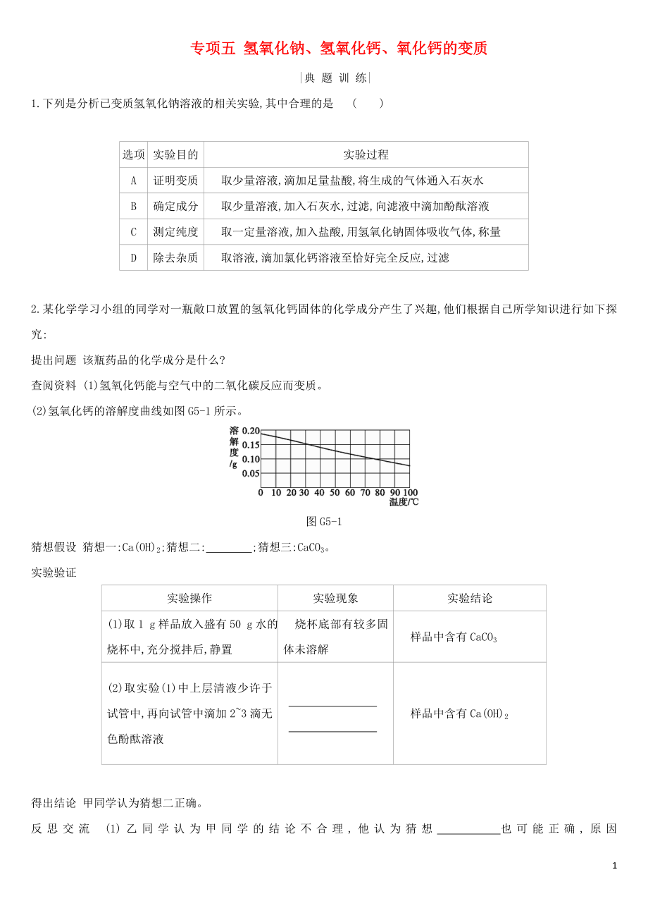 河北省2019年中考化學(xué)復(fù)習(xí) 主題一 身邊的化學(xué)物質(zhì) 專項(xiàng)（五）氫氧化鈉、氫氧化鈣、氧化鈣的變質(zhì)練習(xí)_第1頁(yè)