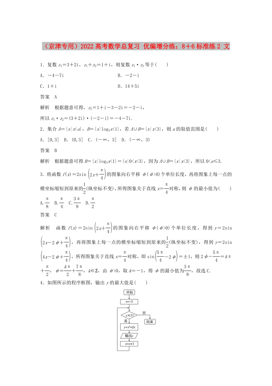 （京津专用）2022高考数学总复习 优编增分练：8＋6标准练2 文_第1页