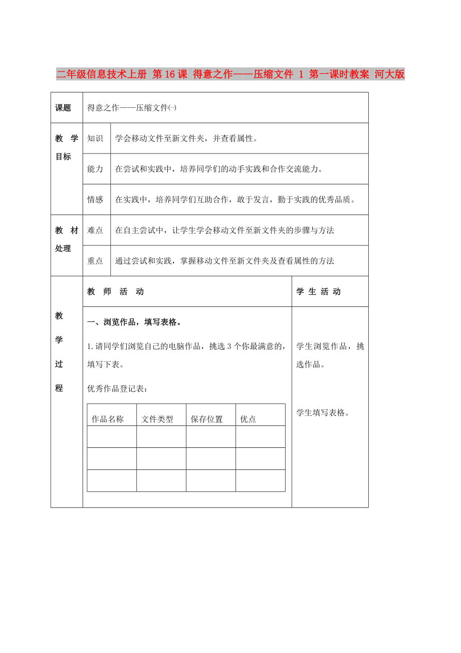 二年級(jí)信息技術(shù)上冊(cè) 第16課 得意之作——壓縮文件 1 第一課時(shí)教案 河大版_第1頁(yè)