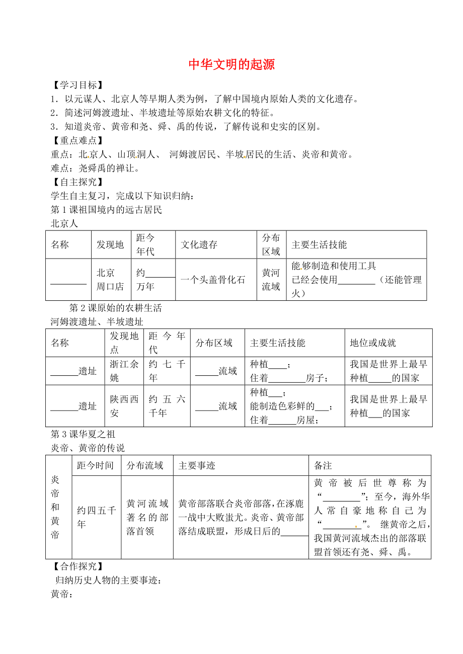 山東省平邑縣曾子學(xué)校七年級(jí)歷史上冊(cè) 第一單元 中華文明的起源復(fù)習(xí)（無(wú)答案） 新人教版_第1頁(yè)