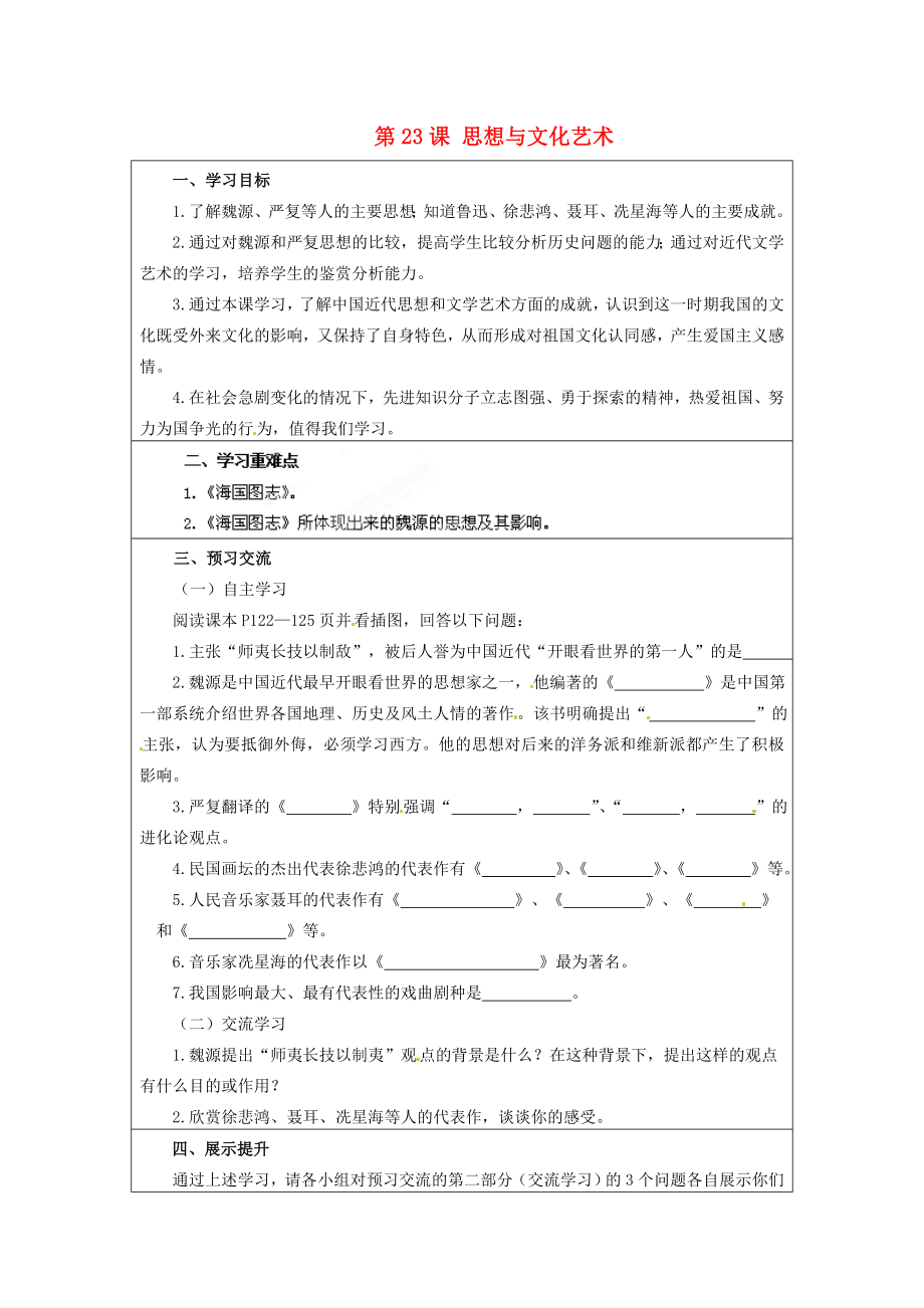 云南省麻栗坡縣董干中學(xué)八年級(jí)歷史上冊(cè) 第23課 思想與文化藝術(shù)學(xué)案（無(wú)答案） 中華書(shū)局版_第1頁(yè)