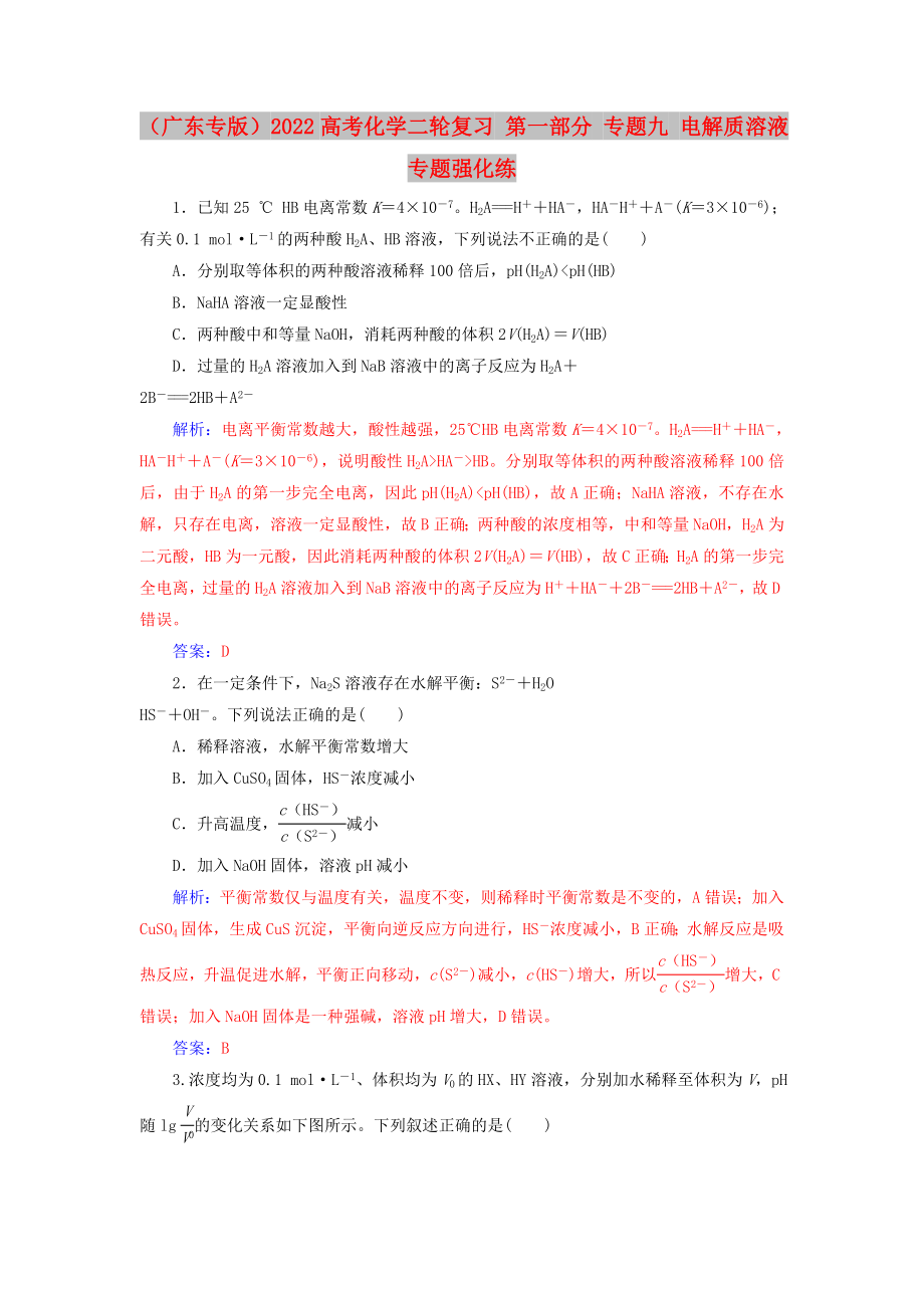 （廣東專版）2022高考化學二輪復習 第一部分 專題九 電解質(zhì)溶液專題強化練_第1頁