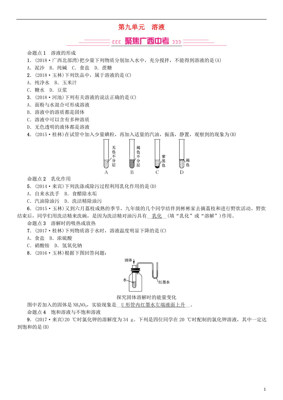 （廣西專版）2019年中考化學(xué)總復(fù)習(xí) 教材考點(diǎn)梳理 第九單元 溶液練習(xí)_第1頁(yè)