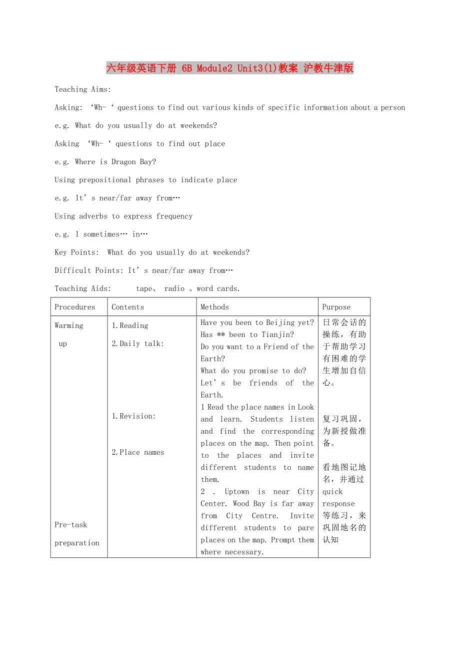 六年級英語下冊 6B Module2 Unit3(1)教案 滬教牛津版_第1頁