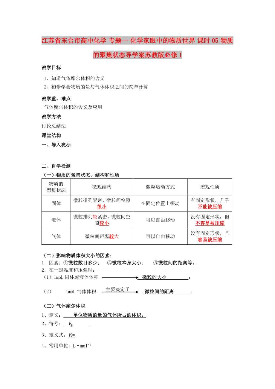 江蘇省東臺市高中化學 專題一 化學家眼中的物質世界 課時05 物質的聚集狀態(tài)導學案蘇教版必修1_第1頁