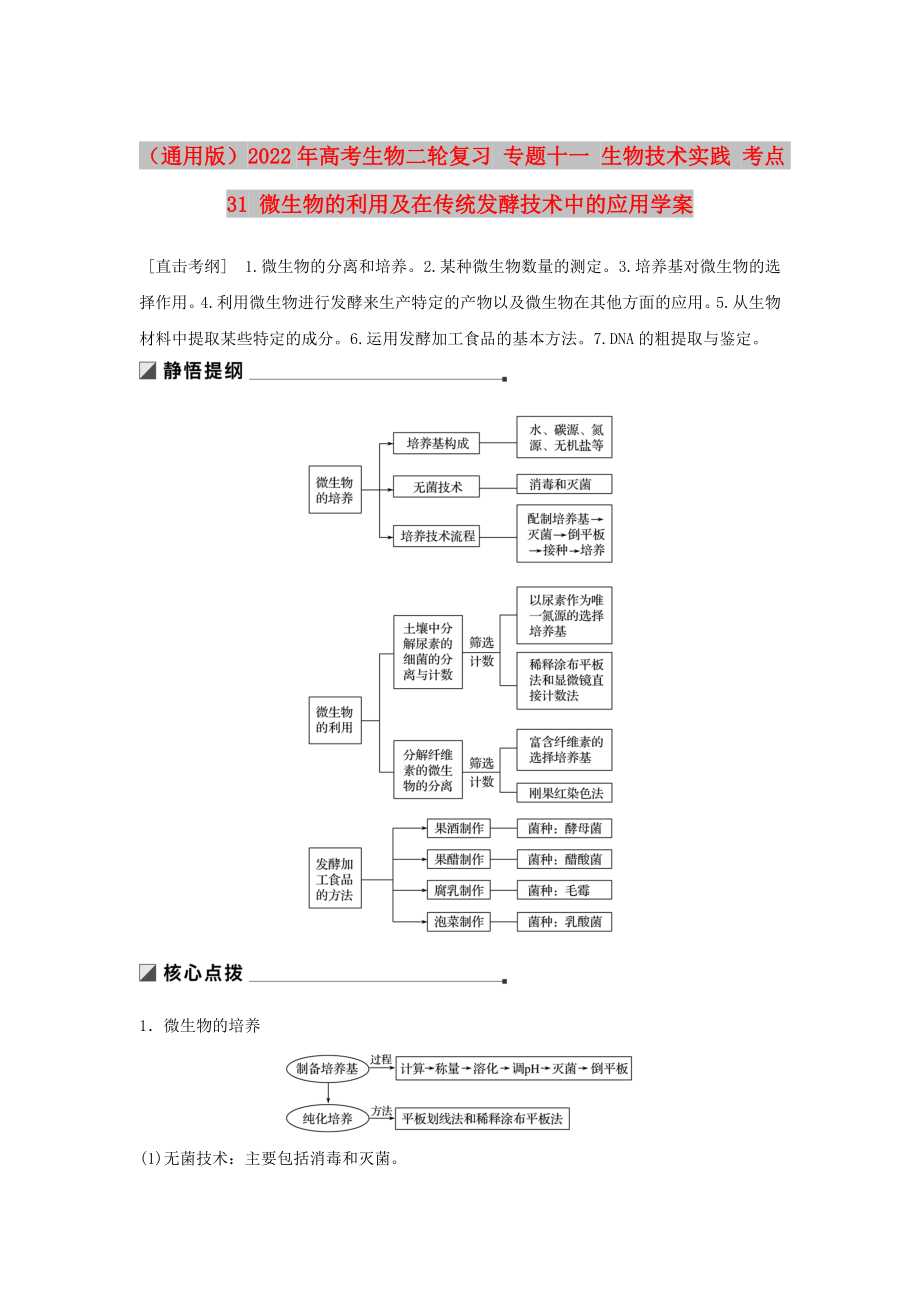 （通用版）2022年高考生物二輪復習 專題十一 生物技術(shù)實踐 考點31 微生物的利用及在傳統(tǒng)發(fā)酵技術(shù)中的應(yīng)用學案_第1頁