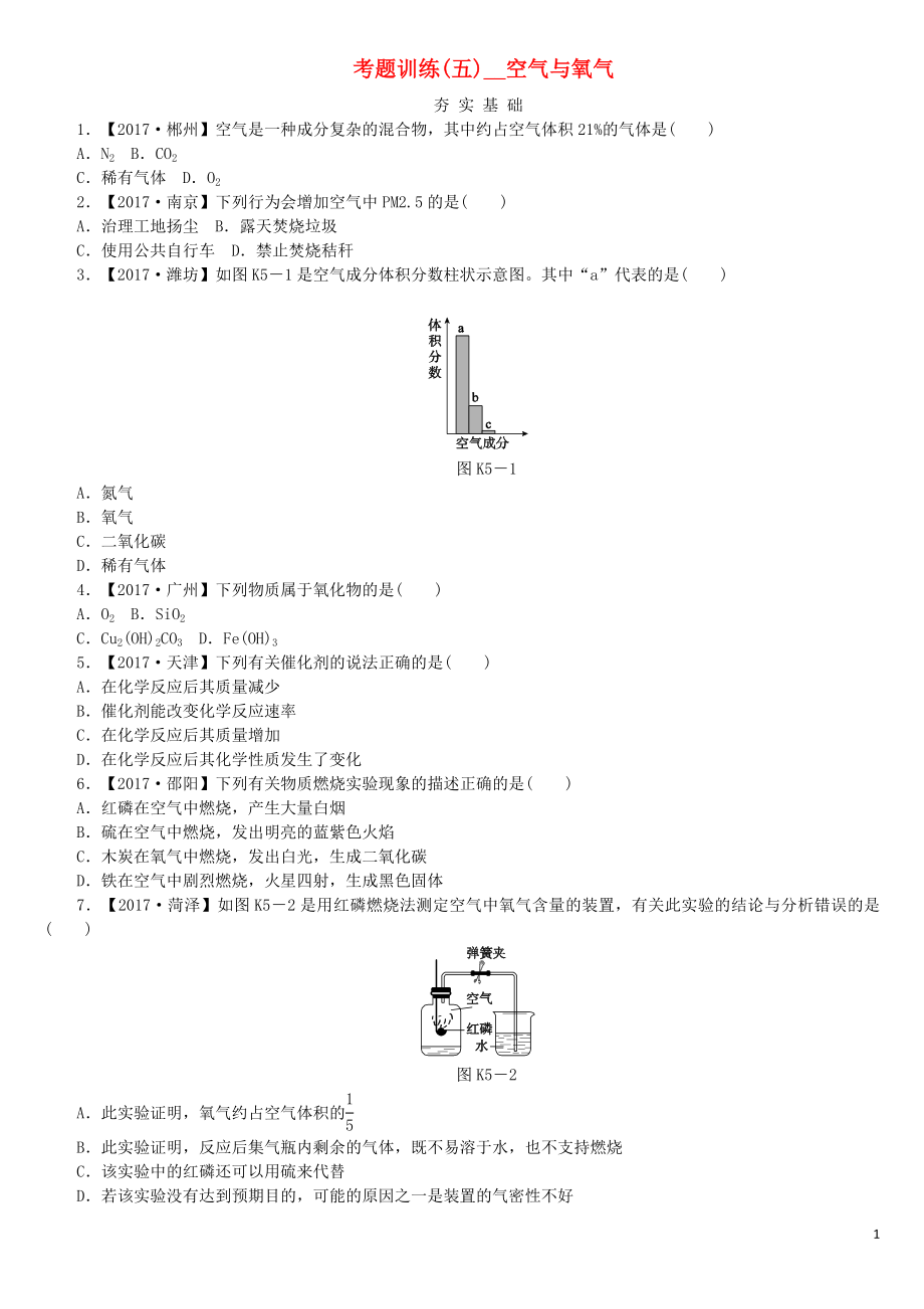 2018版中考化学复习方案 考题训练（五）空气与氧气练习 （新版）鲁教版_第1页