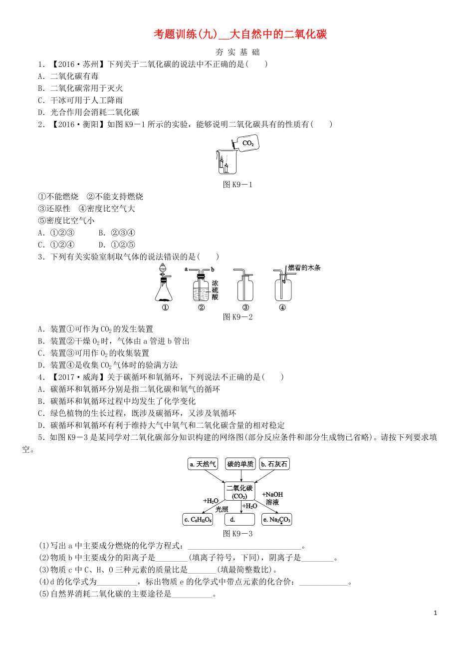 2018版中考化學(xué)復(fù)習(xí)方案 考題訓(xùn)練（九）大自然中的二氧化碳練習(xí) （新版）魯教版_第1頁