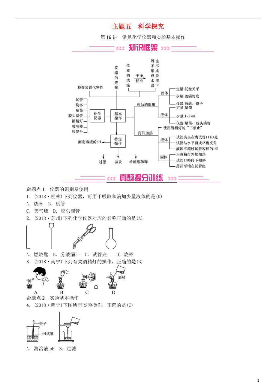 2019年中考化學(xué)復(fù)習(xí) 主題五 科學(xué)探究 第16講 常見化學(xué)儀器和實(shí)驗(yàn)基本操作專題練習(xí)_第1頁