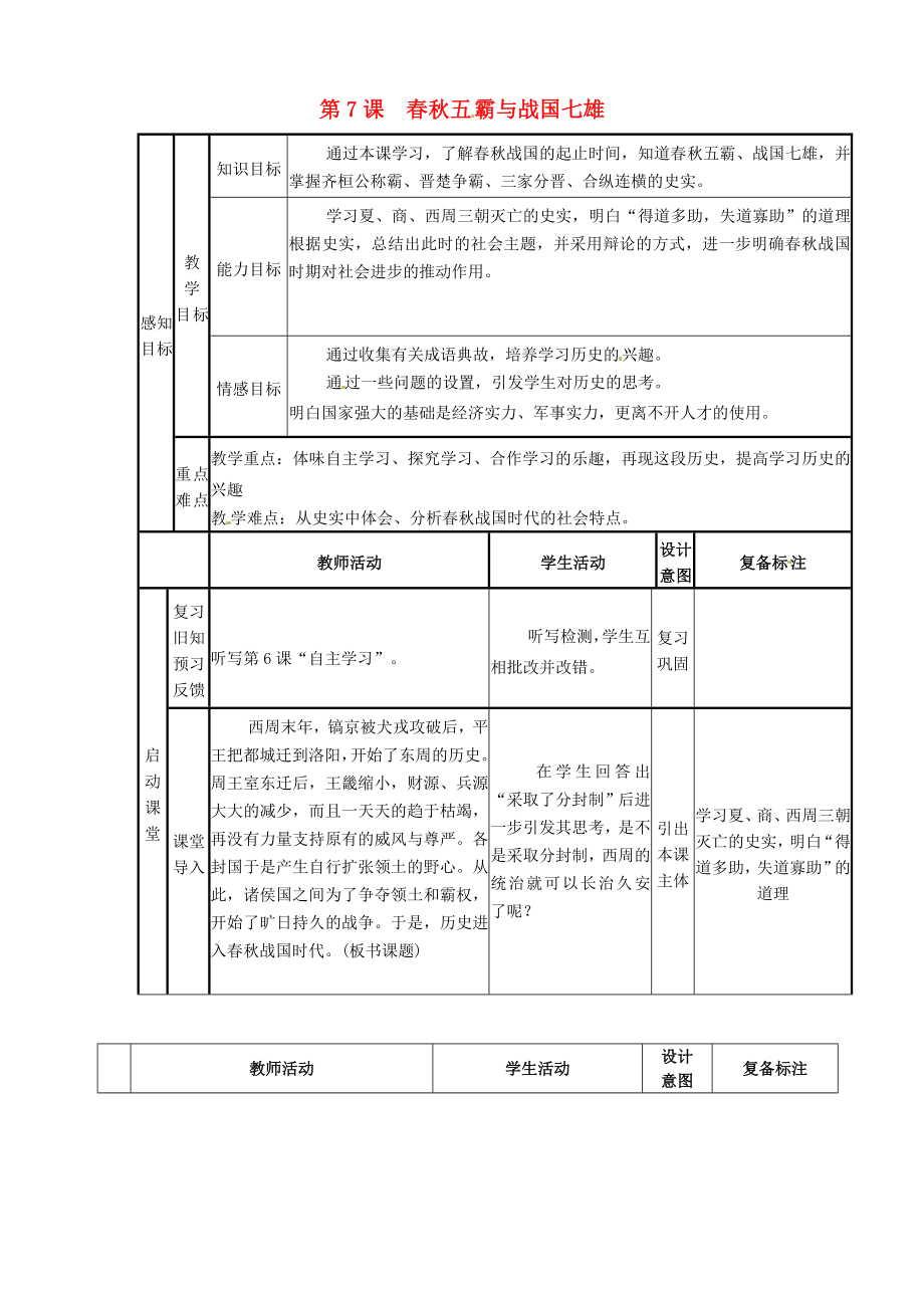 山東省鄒平縣實(shí)驗(yàn)中學(xué)七年級(jí)歷史上冊(cè) 第7課 春秋五霸和戰(zhàn)國(guó)七雄教案 北師大版_第1頁