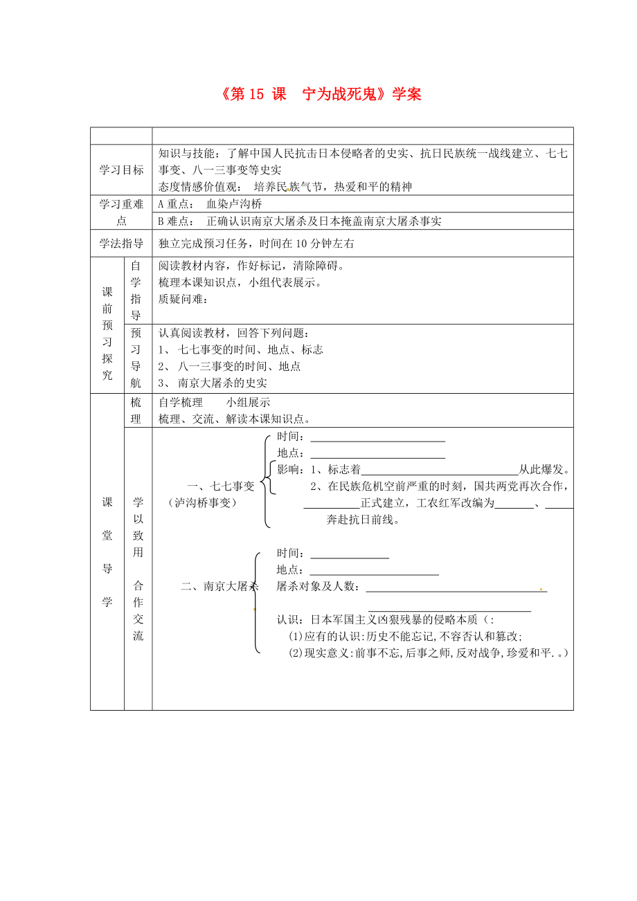 江蘇省東臺市唐洋鎮(zhèn)中學(xué)八年級歷史上冊《第15課 寧為戰(zhàn)死鬼》學(xué)案（無答案） 新人教版_第1頁