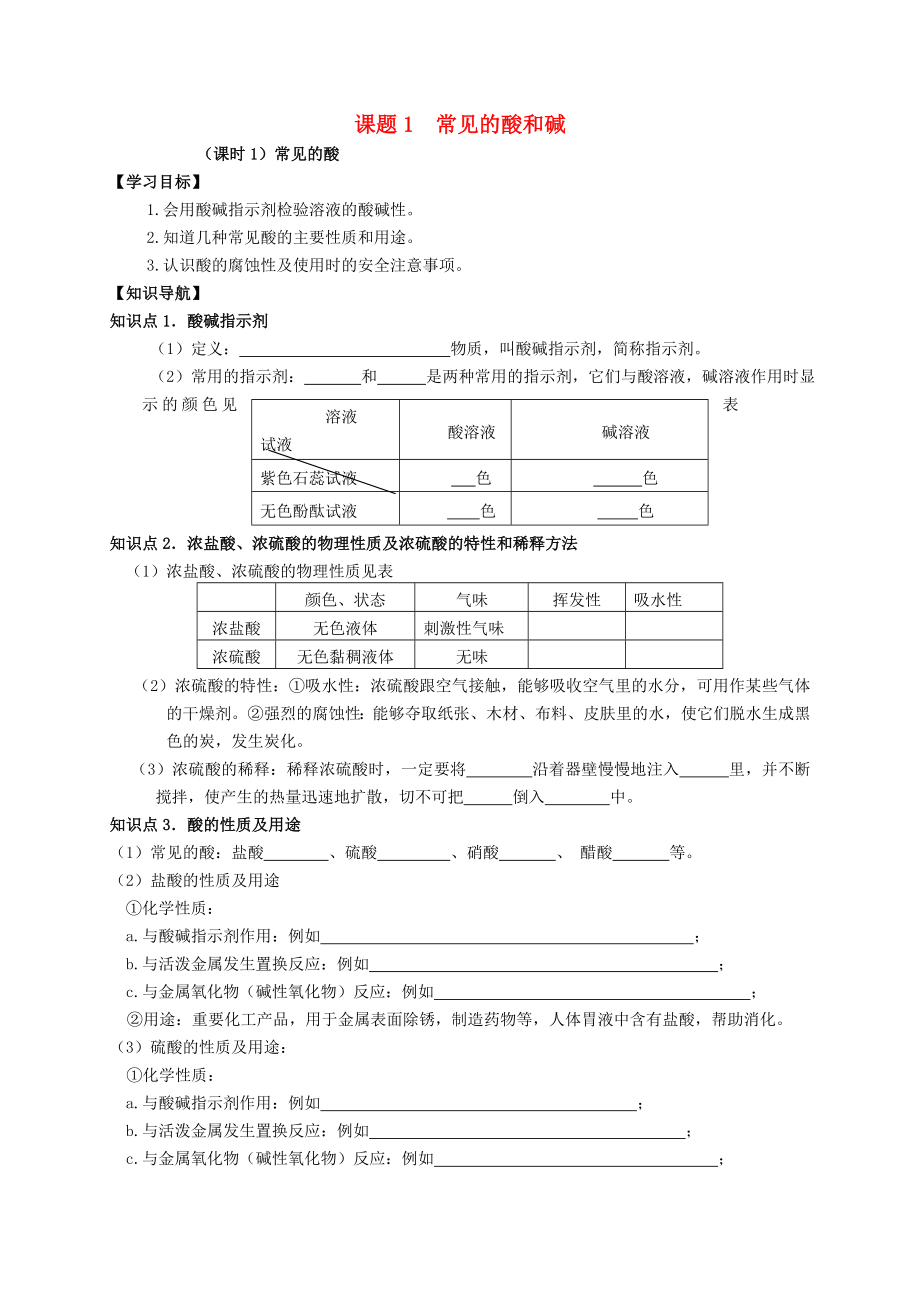 九年級(jí)化學(xué)下冊(cè) 第十單元 課題1 常見(jiàn)的酸和堿導(dǎo)學(xué)案（無(wú)答案） 新人教版_第1頁(yè)