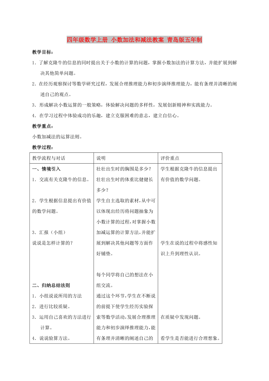 四年級(jí)數(shù)學(xué)上冊(cè) 小數(shù)加法和減法教案 青島版五年制_第1頁(yè)