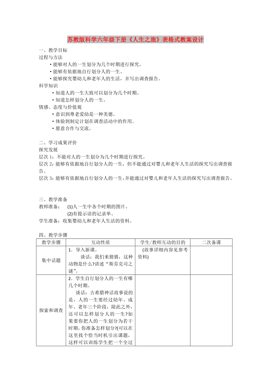 蘇教版科學六年級下冊《人生之旅》表格式教案設計_第1頁