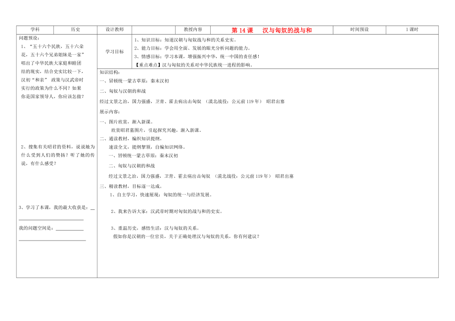 吉林省公主嶺市七年級(jí)歷史上冊(cè) 第14課 漢與匈奴的戰(zhàn)與和學(xué)案（無(wú)答案） 人教新課標(biāo)版_第1頁(yè)