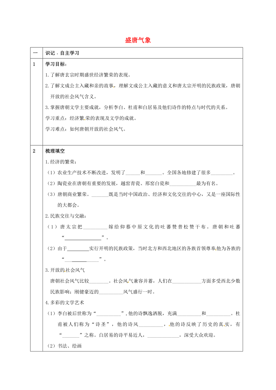 天津市寧河區(qū)七年級歷史下冊 第一單元 隋唐時(shí)期：繁榮與開放的時(shí)代 第3課 盛唐氣象學(xué)案（無答案） 新人教版_第1頁